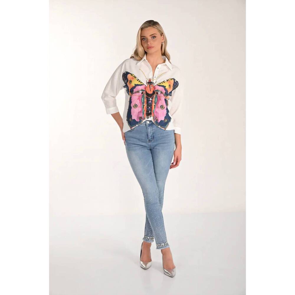 NEW FRANK LYMAN reann rhinestone embellished hem skinny jeans in light blue
